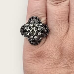 Black Smoky Crystal Filigree Ring Silver – Dark Glam Gothic Romance Size 7.5